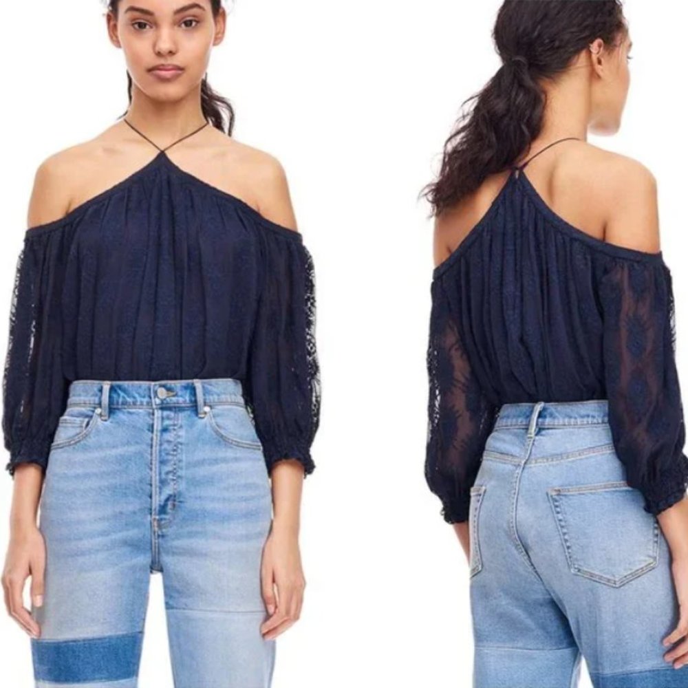 Rebecca Taylor NEW Selena Silk Navy Embroidered Off Shoulder Balloon Sleeve Top